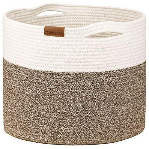 Febzoce Large Cotton Rope Basket with Handles, Woven Storage Basket for Toy Blankets Pillows or Laundry - White/Brown, H35 x D40 CM 0