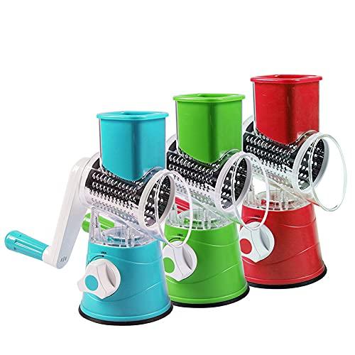 Small Hand Drum Grater, Vegetable and Fruit Shredder, Cheese Shredder, Drum Grater with 3 Stainless Steel Rotating Blades and Suction Cup feet (Blue)