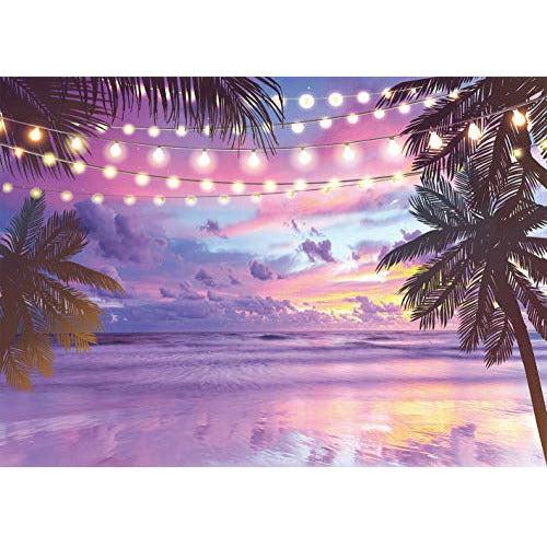 Summer Tropical Purple Sunset Backdrop Beach Hawaiian Seaside Ocean Palm Photography Background Wedding Birthday Party Banner Baby Shower Photo Studio Props 8x6FT 1