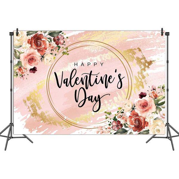 Happy Valentines Day Backdrop 8X6FT Valentine Day Backdrops for Photography,Watercolor Pink Flowers Sweet Love Theme Background Wedding Bridal Shower Party Decoration Banner Props 2