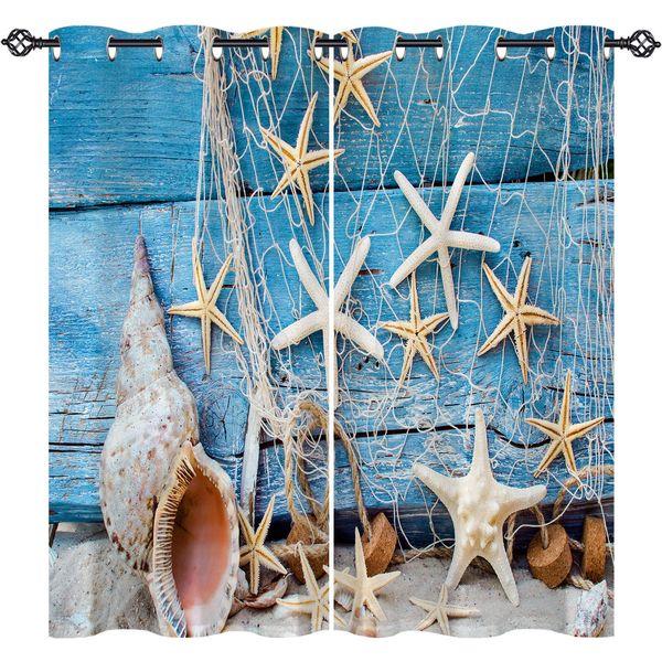 ANHOPE Nautical Curtains Eyelet 80% Blackout Room Darkening Curtains with Blue Wood Beach Seashell Starfish Print Pattern Privacy Window Drapes for Bedroom Living Room 46 x 54 Inch Drop 2 Panels 0