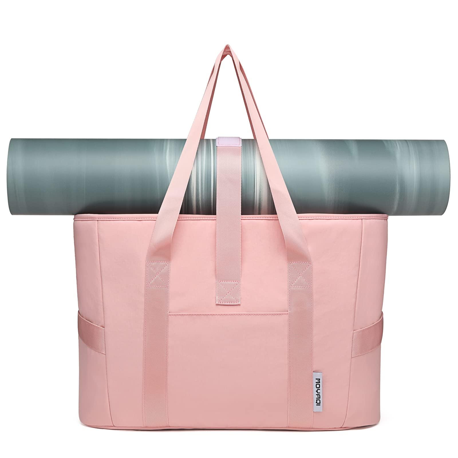 Moyaqi Yoga Tote Bag with Water Bottle Pockets Gym Bag with Yoga Mat Strap Weekender Bags for Women Men Pink 3