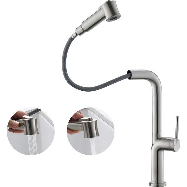 KENES Kitchen Sink Mixer Tap with Pull Out Sprayer, Single Lever Single Hole Kitchen Taps with Dual Function Sprayer, Brushed Nickel KE-8060