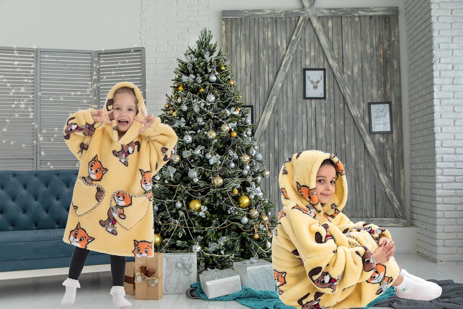 JULGIRL Kids Oversized Blanket Hoodie - Cute Animal Wearable Snuggle Hoodie Blanket for Kids, Super Soft & Warm Hooded Toddlers Blanket with Pockets for Girls Boys 4