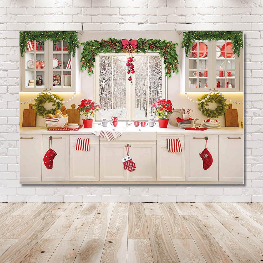 MEHOFOND 7x5ft Christmas Kitchen Backdrop Xmas Winter Cooking Indoor Photography Background Baby Shower Family Reunion Party Cake Table Decor Merry Christmas Photo Booth Props 1