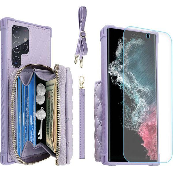 MONASAY Zipper Wallet Case for Samsung Galaxy S22 Ultra 5G, [Screen Protector ][RFID Blocking] Leather Handbag Phone Cover with Card Holder& Crossbody Shoulder Lanyard Strap,Light purple 0