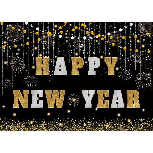 INRUI Happy New Year Backdrop Black and Gold Photography for New Year Eve Party 2024 Golden Glitter Firework New Year Party Decoration (8x6FT) 4