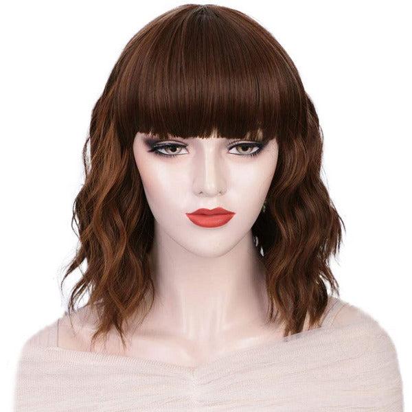 ColorfulPanda Synthetic Brown Highlights Bob Wig with Fringe Short Wavy Curly Wigs for Women Natural Looking Heat Resistant Full Wig for Daily Wear or Cosplay Auburn wig 2