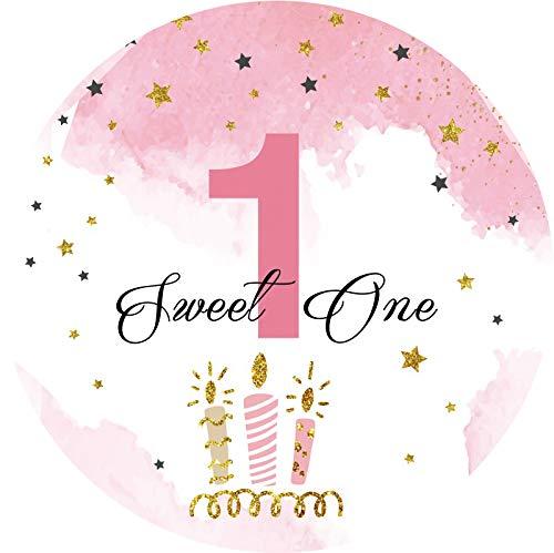 Renaiss 6.5ft Girls 1st Birthday Round Backdrop Candle Stars Pink Polyester Photography Background Baby Shower Birthday Party Decoration Cake Table Banner Photo Studio Props 2