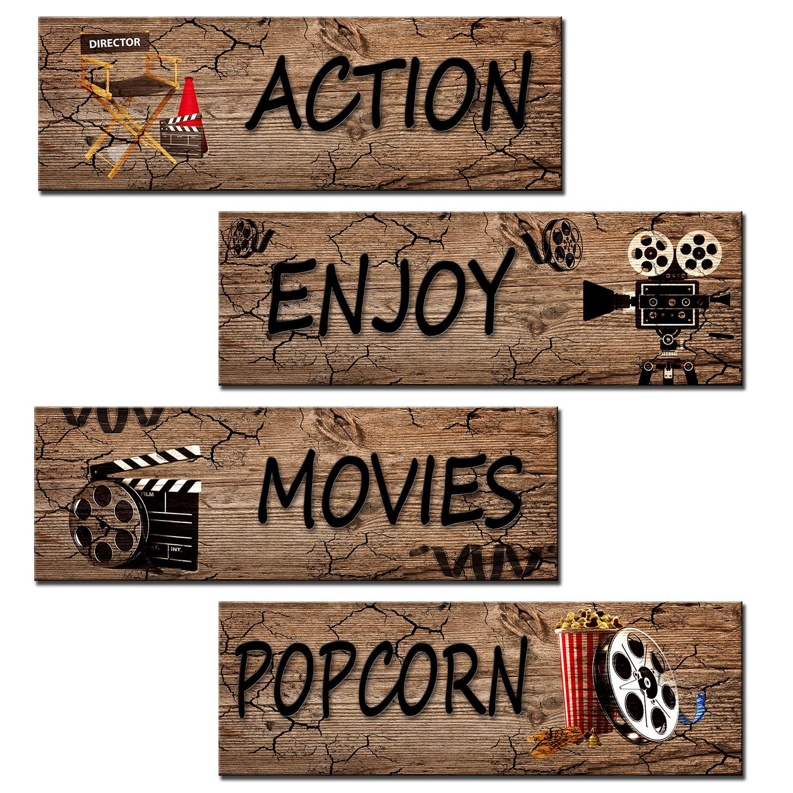 4 Pieces Movies Theatre Wall Art Film Reel Wood Wall Plaque Action,Movies,Enjoy,Popcorn Wooden Signs Rustic Home Theatre Decor Film Clapperboard Wall Decor Retro Filmmaking Chalkboard Wall Art(Black)