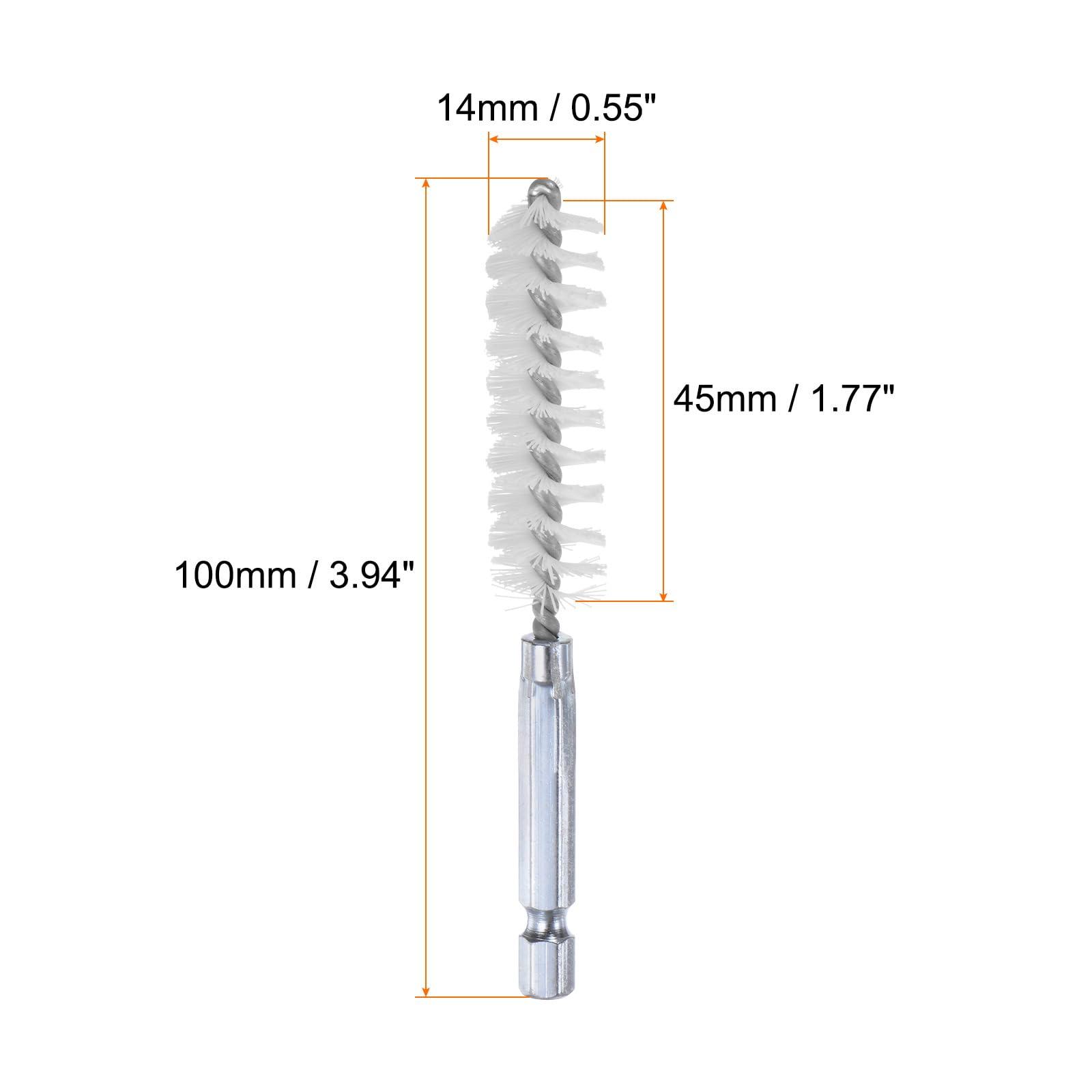 sourcing map 5Pcs Nylon Bore Brush 14mm Dia 4" Long Cleaning Twisted Wire Brush with Handle 1/4" Hex Shank for Tubes, Ports, Bearings 6