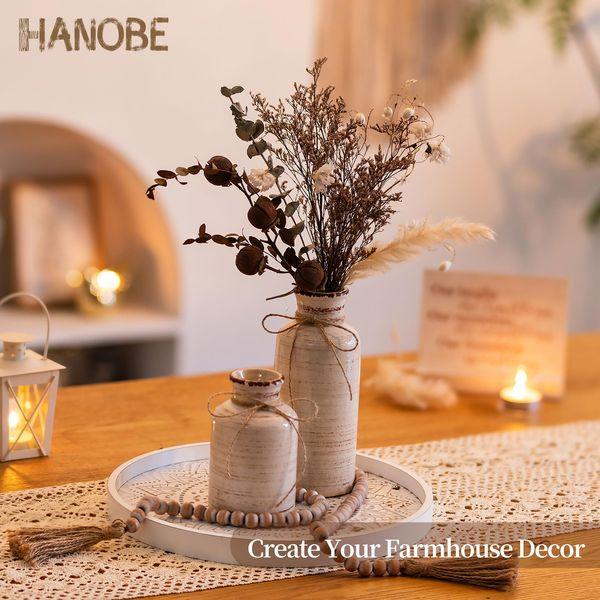 Hanobe Round Decorative Coffee Tray: Rustic White Table Tray Decor Farmhouse Centerpiece Wood Circle Tray Floral Serving Trays for Kitchen Counter Boho Ottoman Tray for Home 2