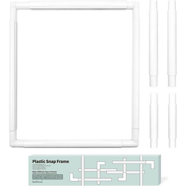 HAND U JOURNEY 3 in 1 17''x17'', 17''x11'', 11''x8'' Universal Clip Frame Set, Square Rectangle Plastic for Embroidery, Quilting, Cross-Stitch, Punch Needle, Silk-Painting, White (Q-F-17x11x8)