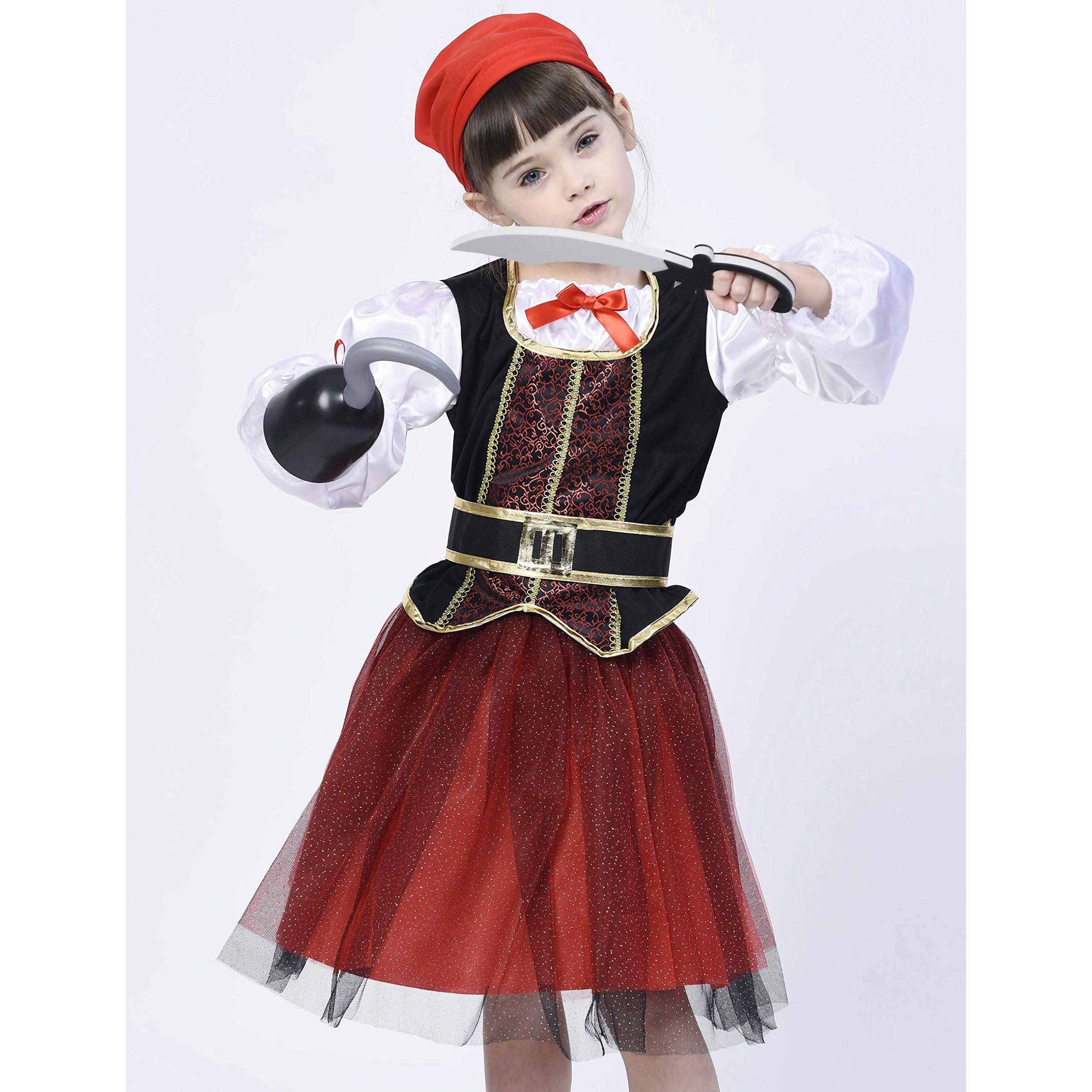 IKALI Pirate Costume for Girls, Deluxe Buccaneer Fancy Dress Outfit (6pcs Set) Animal Dress Outfit Halloween Princess Role-play 2