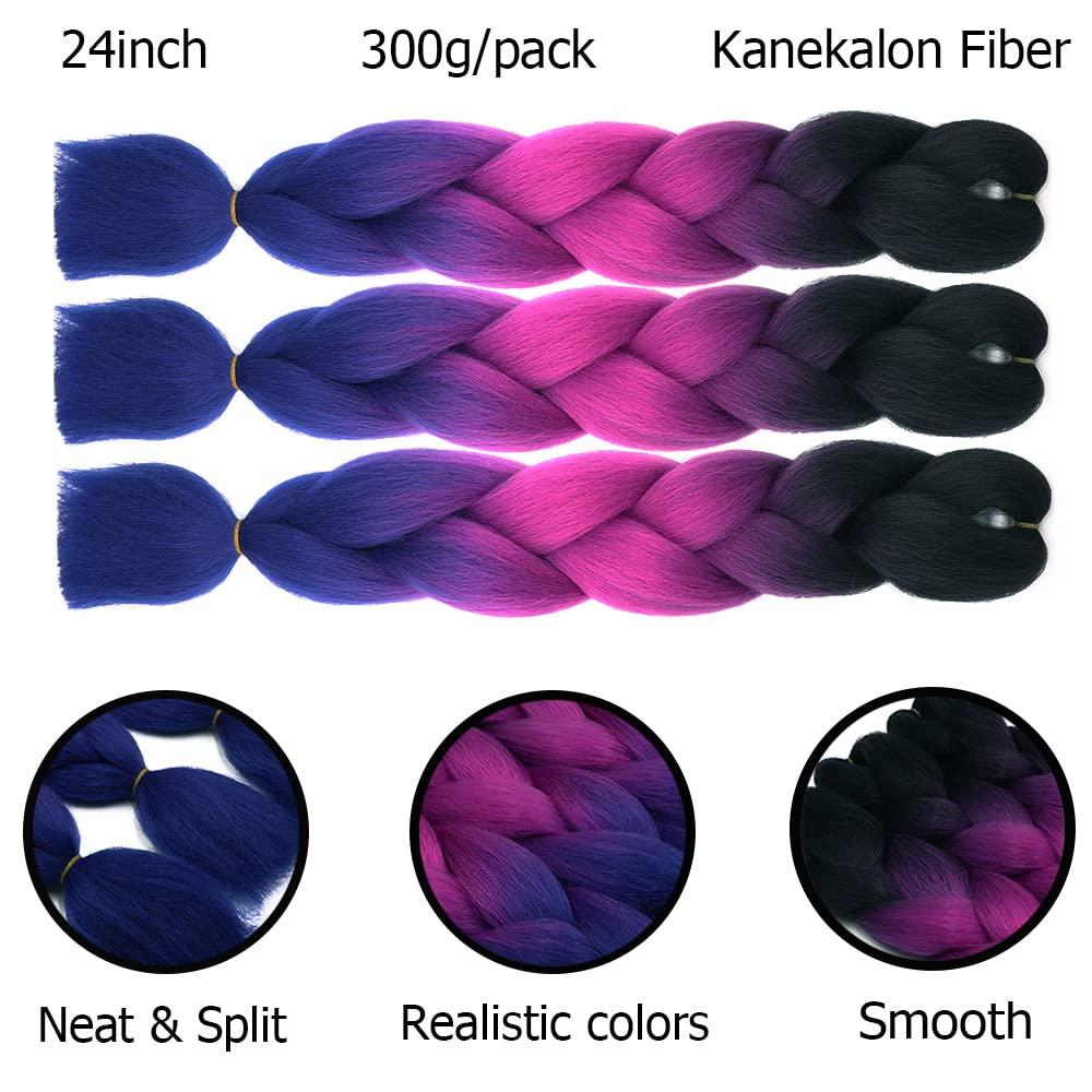 Cybelleza 24inch Braiding Hair Extensions for Braiding Ombre Jumbo Braiding Synthetic Hair 3PCS 300g Crochet Hair Box Braids for Women Braiding, Black & Fuchsia & Blue Purple 1