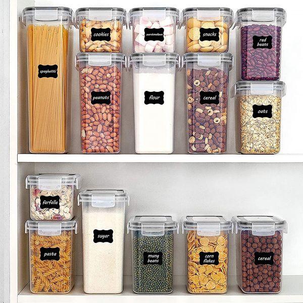 15Pcs Cereal Storage Containers Set Plastic Airtight Food Storage Container Kitchen Storage Containers with Lids,Reusable Labels,Marker,Spoon Ideal for Flour Cereal Spaghetti Pasta 2.8L 2L 1.4L 0.8L 4