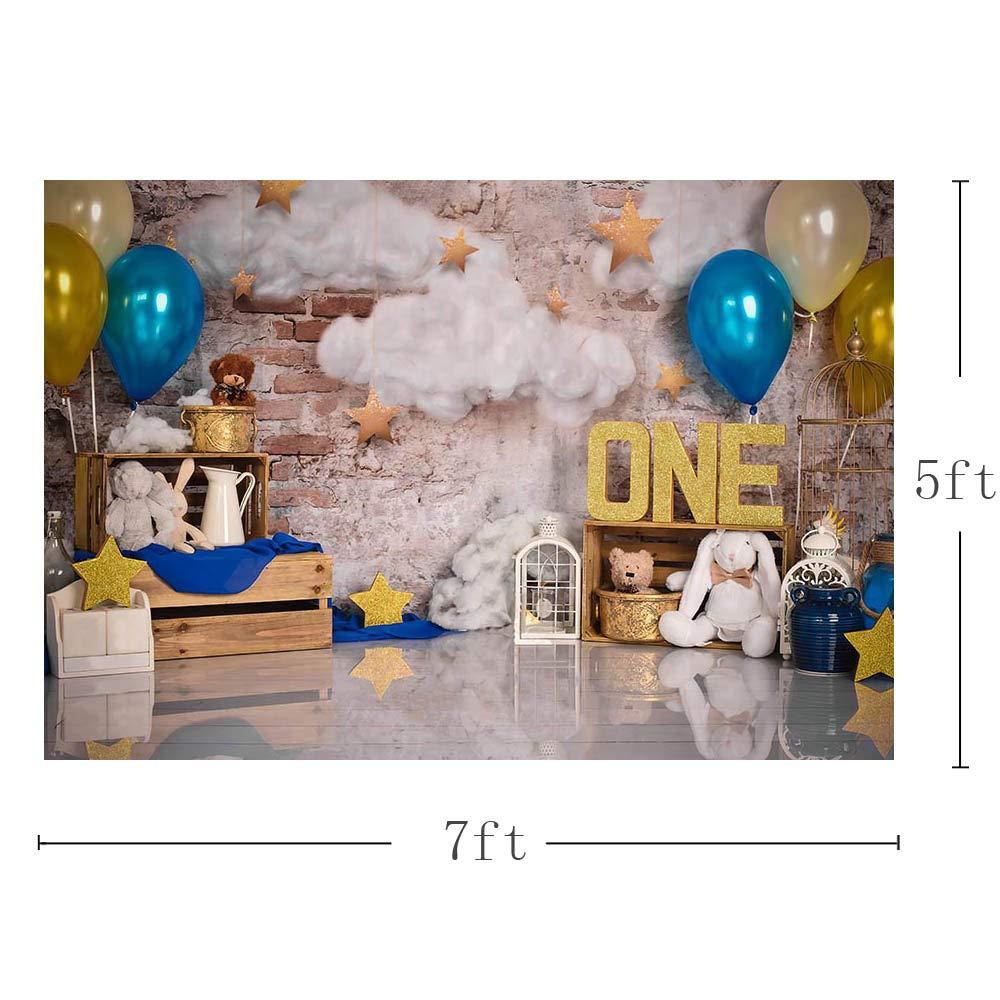 MEHOFOND 7x5ft Blue and Gold Boy One Birthday Photo Studio Portrait Backdrop Props Balloons Cloud Stars Retro Wall Happy 1st Birthday Party Decorations Photography Background Banner 2