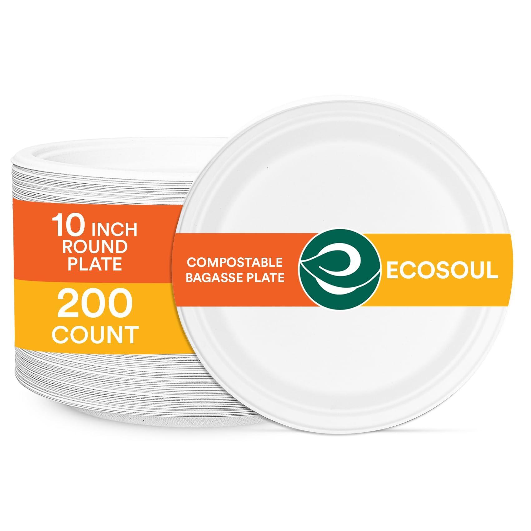 ECO SOUL Pearl White Round 25cm(10") Bagasse Plates, 10x Times Sturdy Than Paper Plates(Pack of 200), Disposable Tableware, 100% Compostable, Eco Friendly Alternative to Plastic Plates, Microwavable 0