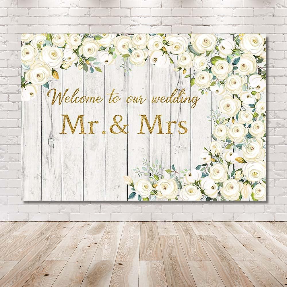 MEHOFOND 7x5ft White Rose Flower Backdrop for Wedding Decoration Welcome To Our Wedding Floral Retro Wood Wall Bridal Shower Party Banner Portrait Photography Background Photo Booth Vinyl 1