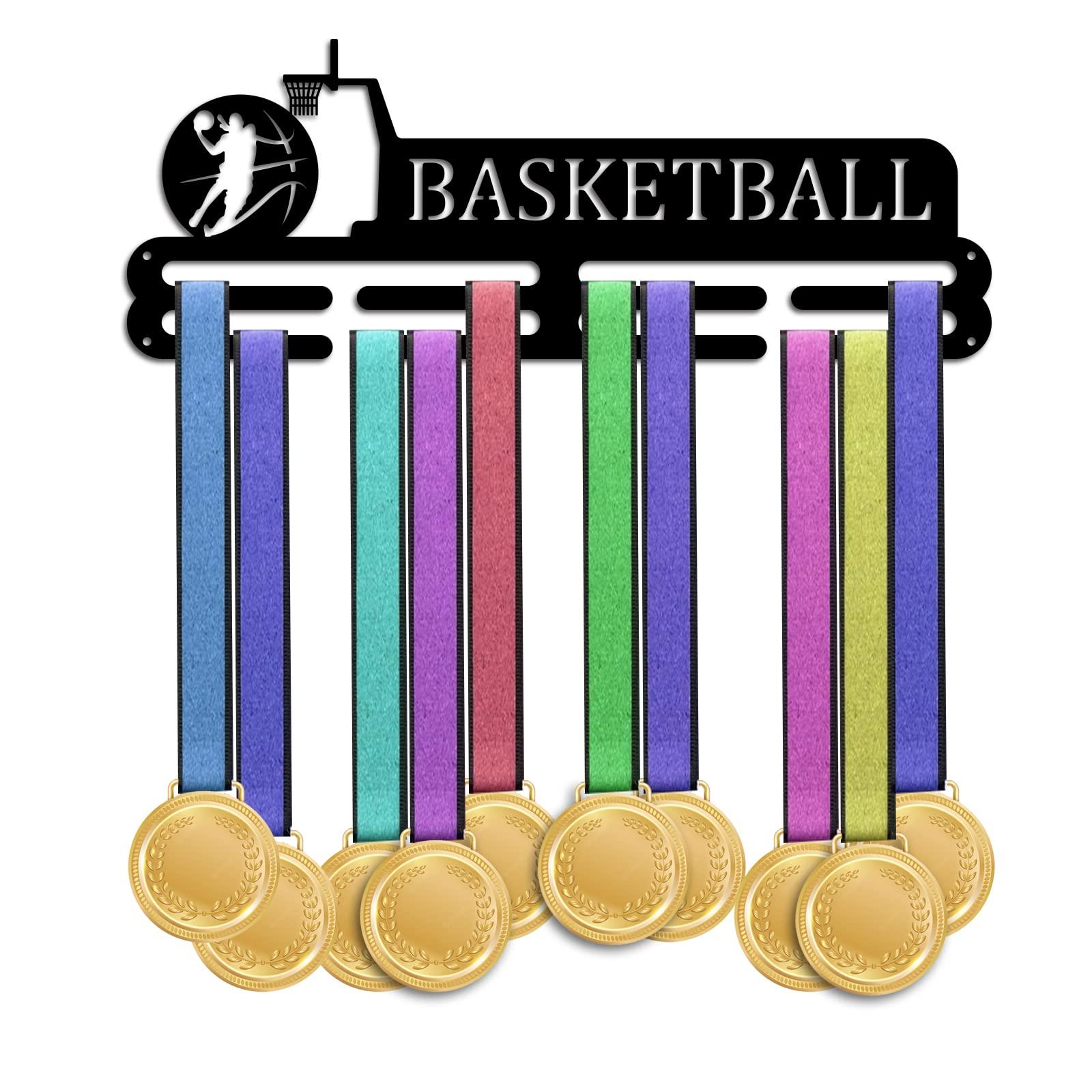 PH PandaHall Sport Basketball Medals Display Stand, Sports Competition Medal Holder Hook 3 Lines Sport Award Rack Wall Mount Iron Frame for over 50 Medals Necklace Jewellery 40x15cm/15.7x5.9inch