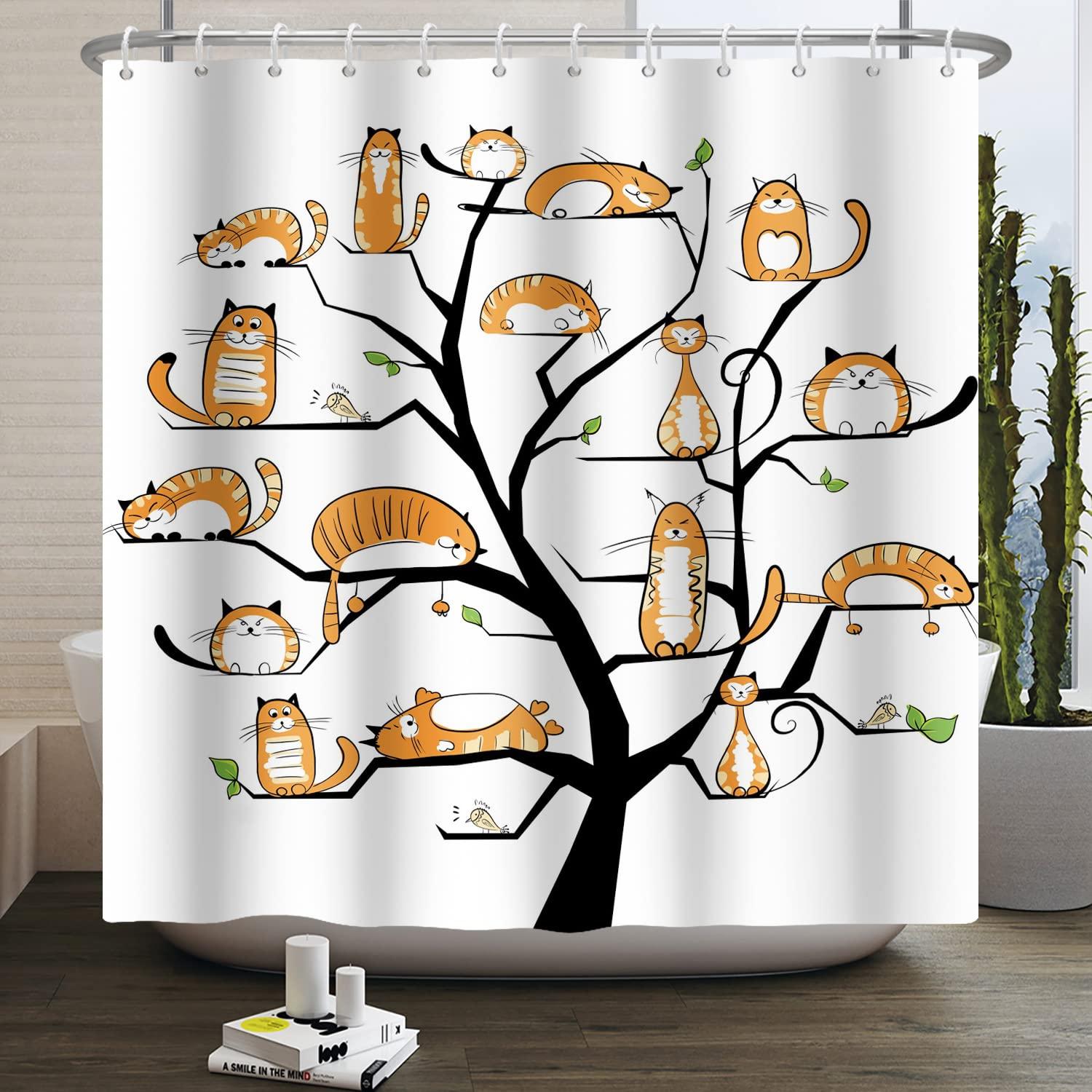 Ttincceer Cat Shower Curtain Cute Orange Kitten Tree Bathroom Curtain 60x72inch Funny Animal Pet Cat Shower Curtains Washable Bathtub Curtain for Children Bathroom Decor 1