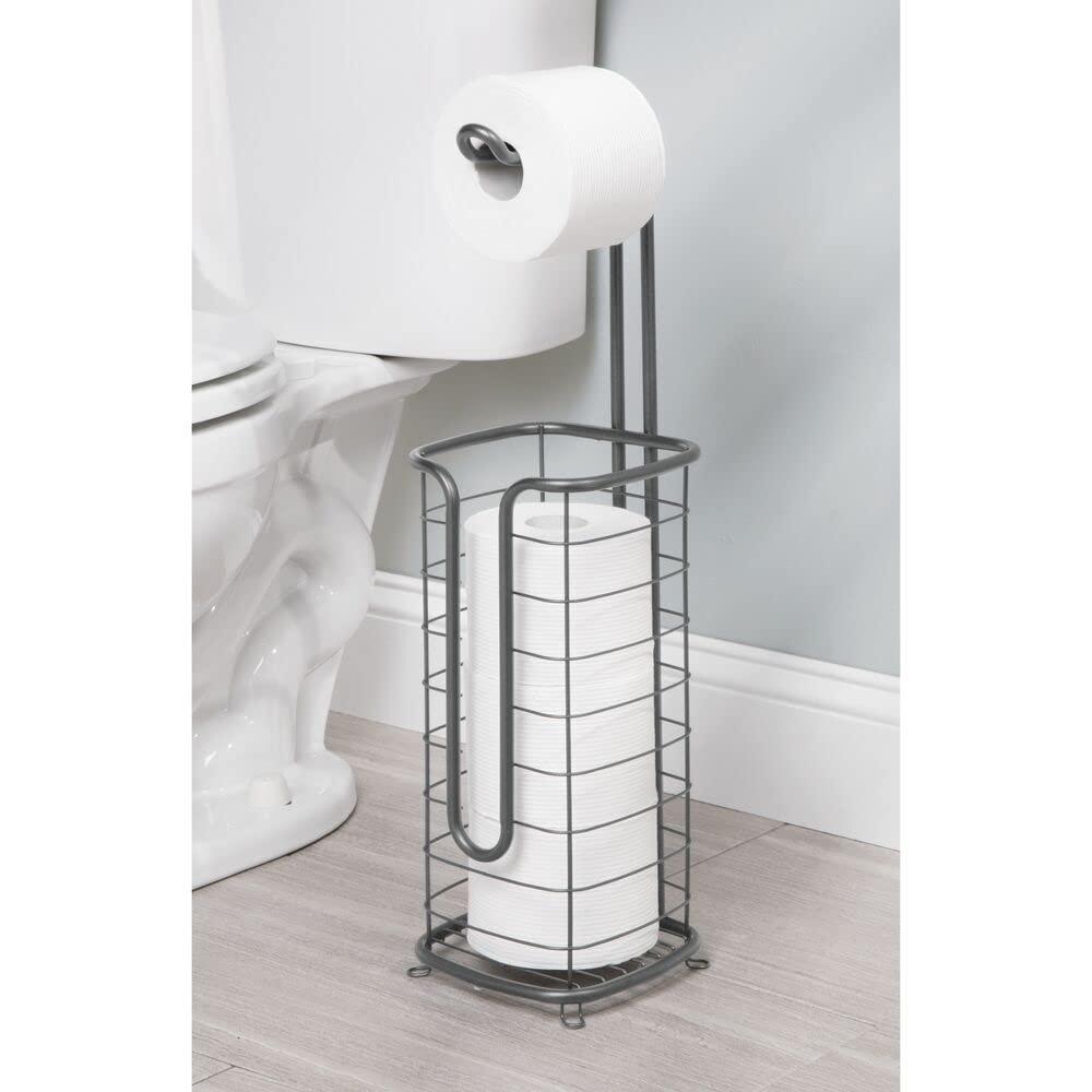 mDesign Free Standing Toilet Roll Holder - Toilet Paper Holder for the Bathroom - Loo Roll Holder with Storage Space for Extra Rolls - Dark Grey 1