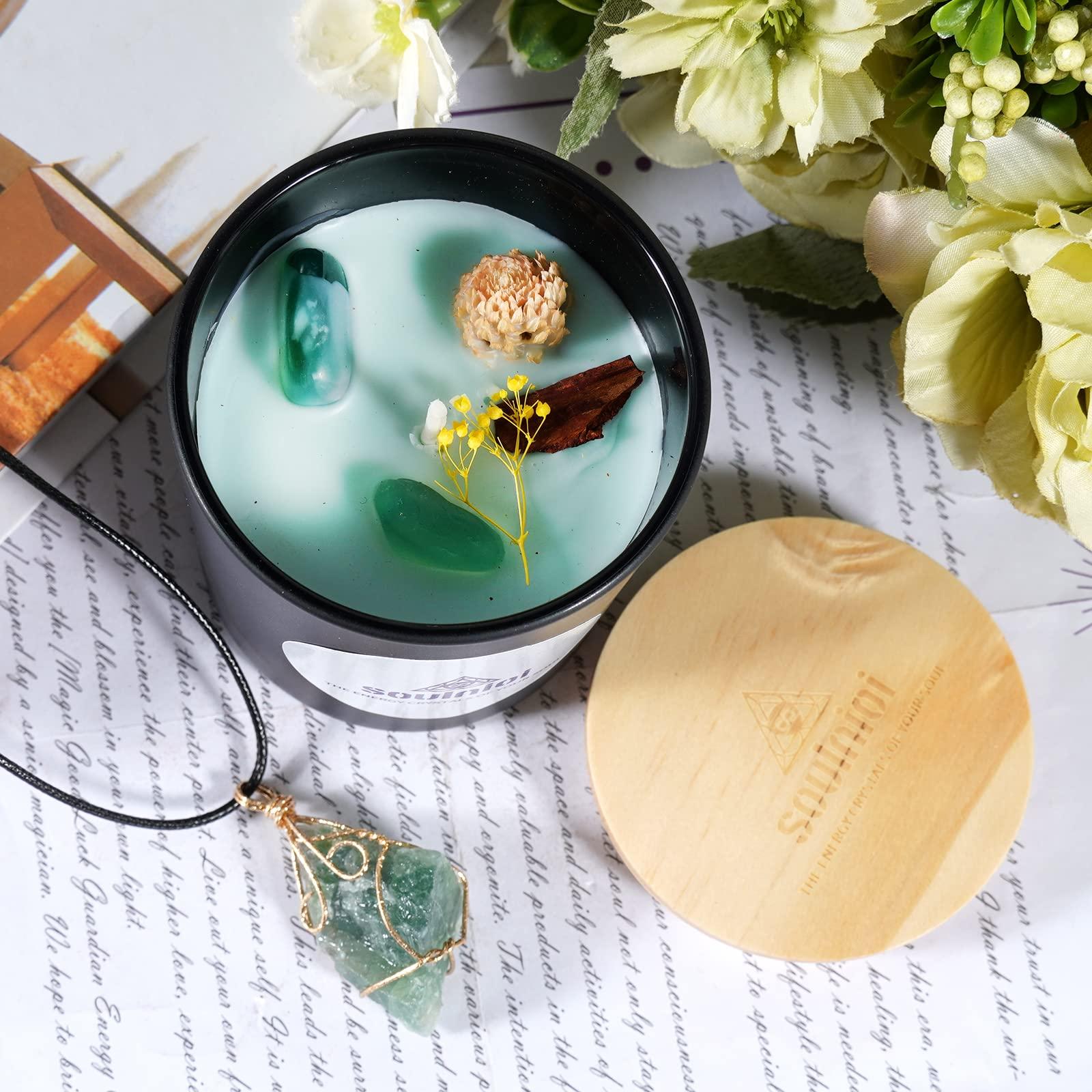 Soulnioi Scented Candle Set Black Cup Soy Wax Aromatherapy Candle with Crystal and Dry Flower Freesia Fragrance and Fluorite Crystal Pendant Necklace of Stress Realxtion for Wedding Birthday Gift 2