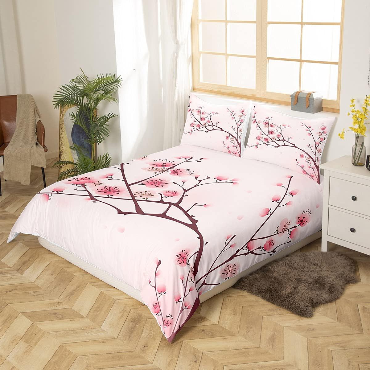 Cherry Blossoms Duvet Cover Set Sakura Flowers Branch Comforter Cover Pale Pink Bedding Set For Girly Girls Teens Kids Child,Japanese Spring Quilt Cover Single Size 1 Duvet Cover With 1 Pillow Case 1