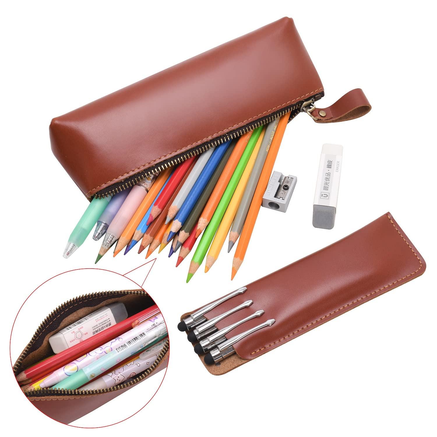 WONDERPOOL Leather 1pc Pencil Case & 1pc Fountain Pen Holder - Portable Compact Drawing Marker Pen Stationery Pouches for School Office Travel Organizer (Red Brown) 4