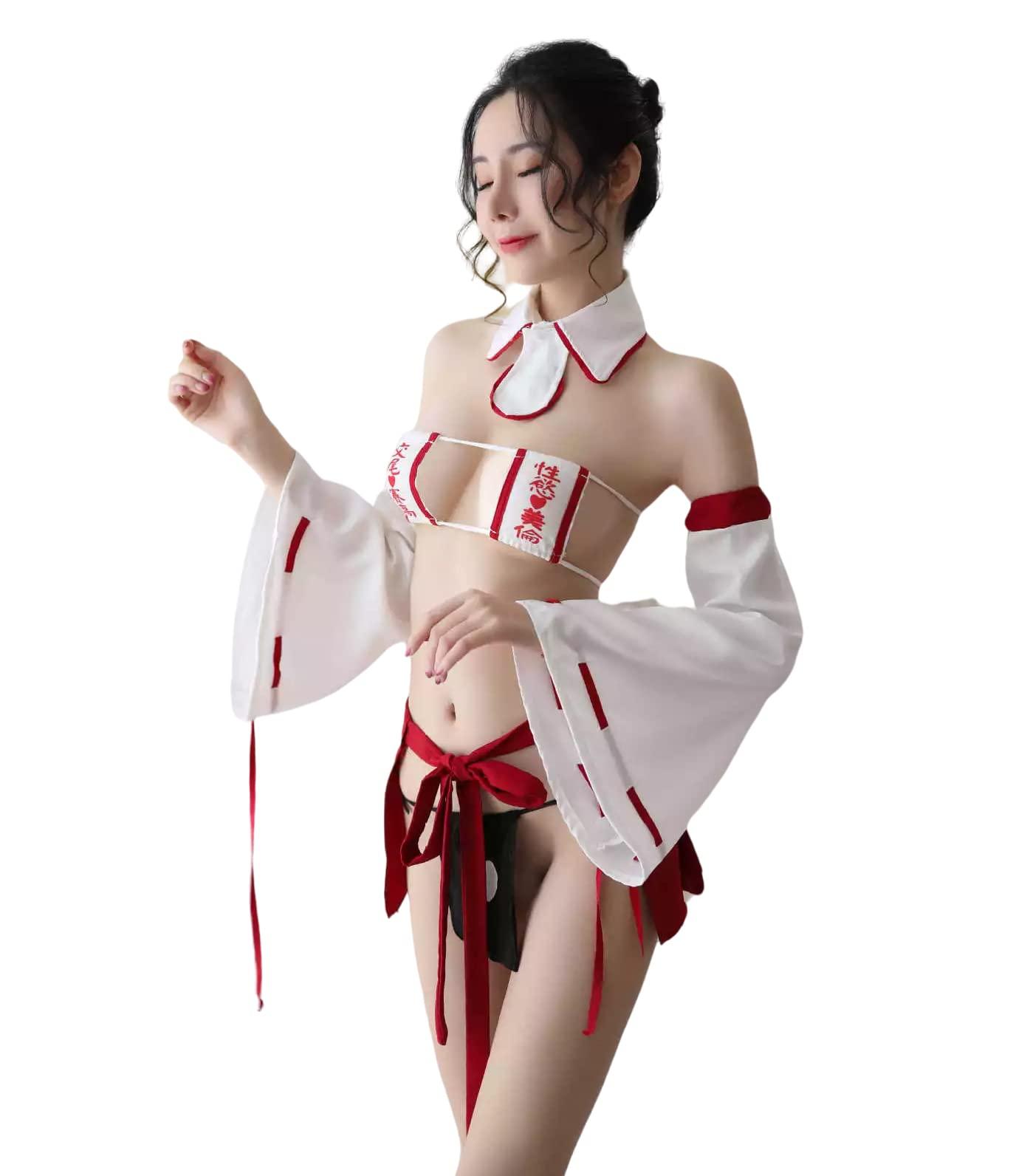 SINROYEE Lady's Japanese Anime Cosplay Outfit Witch Dress Costume Sexy Witch Lingerie For Women Naughty Sexy Kimono (White+red#3) 0