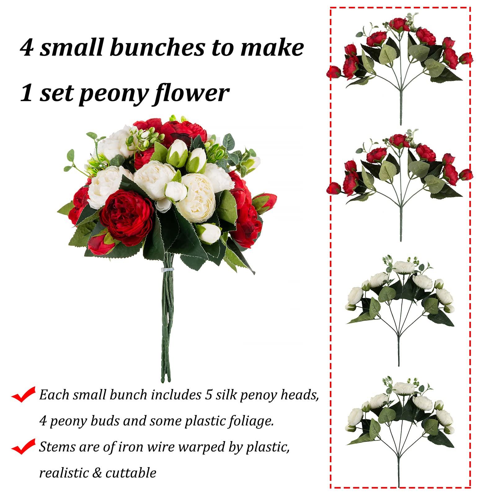 BLOSMON Artificial Flowers Peony Wedding Decorations 24 Pcs Fake Peonies Red&White Silk Flowers for Wedding Table Centrepiece Decorations Faux Bridal Bouquet Floral Arrangements for Home Party Decor 3