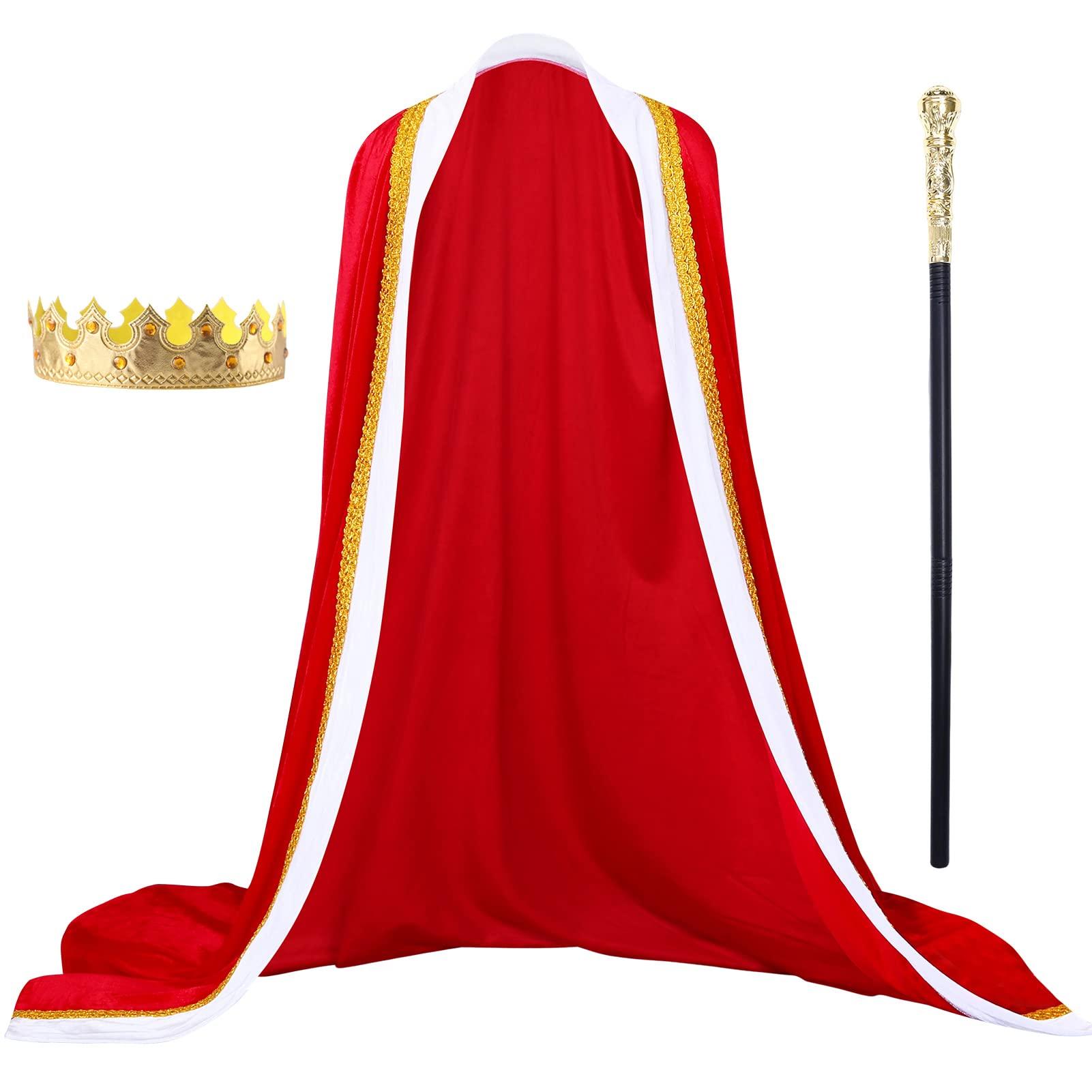 Alaiyaky King Cape Set for Kids and Adults, Halloween Costume King's Cloak with Golden Crown and Scepter, Red Cape Suit for Halloween Carnival Parades Parties, Unisex (Adults, S)