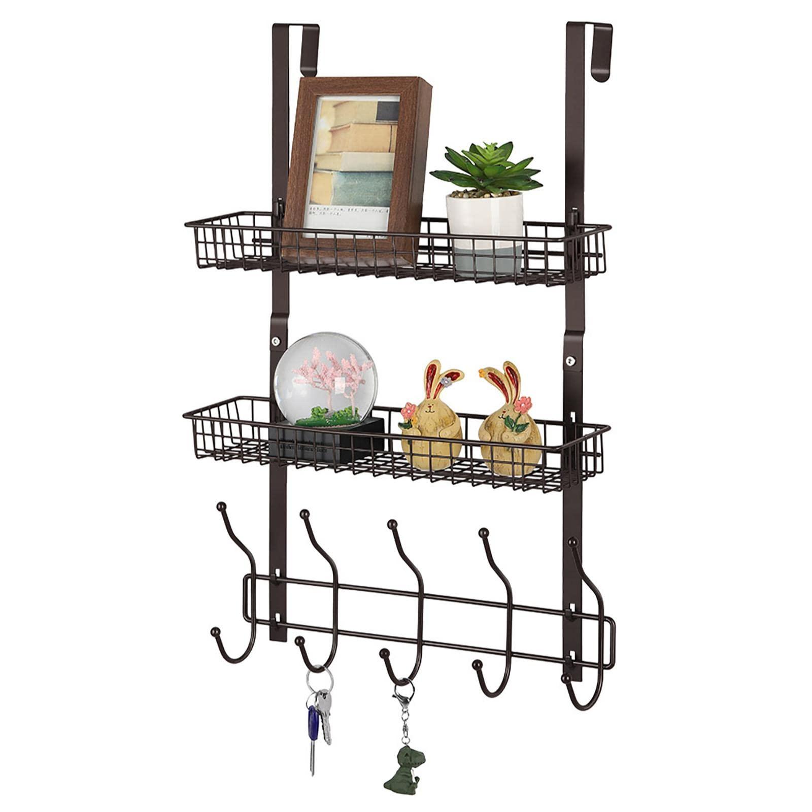 UOMIO Over Door Storage Racks with 2 Wire Baskets and 5 Coat Hooks No Drilling Over The Door Hanger Organisers for Bathroom Bedroom Kitchen, Dark Brown