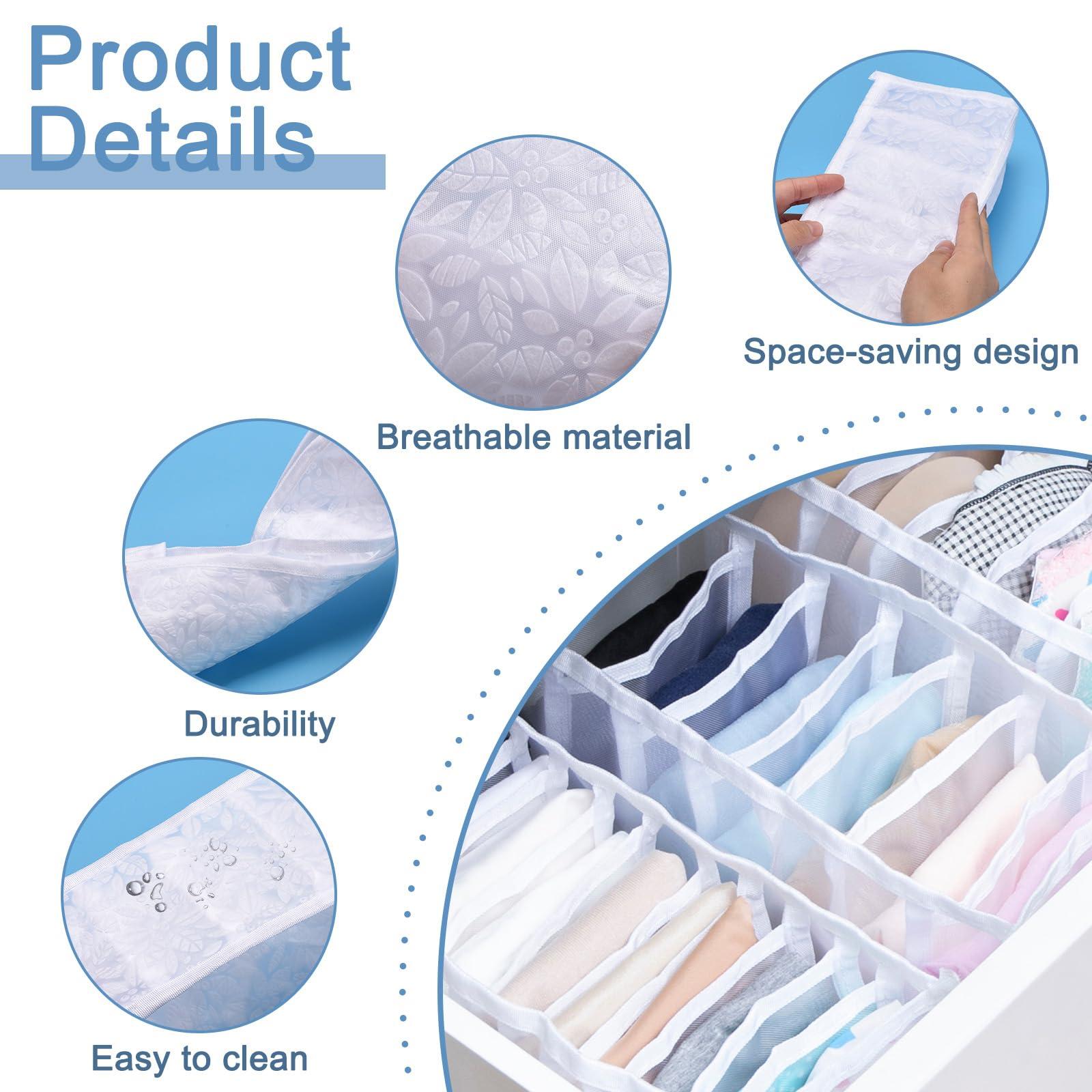 sourcing map 4pcs Wardrobe Clothes Organizer, 7 Grids Washable Underpants Compartment Storage Box, Foldable Drawer Organizers for Jeans, Skirt, Flower White 2