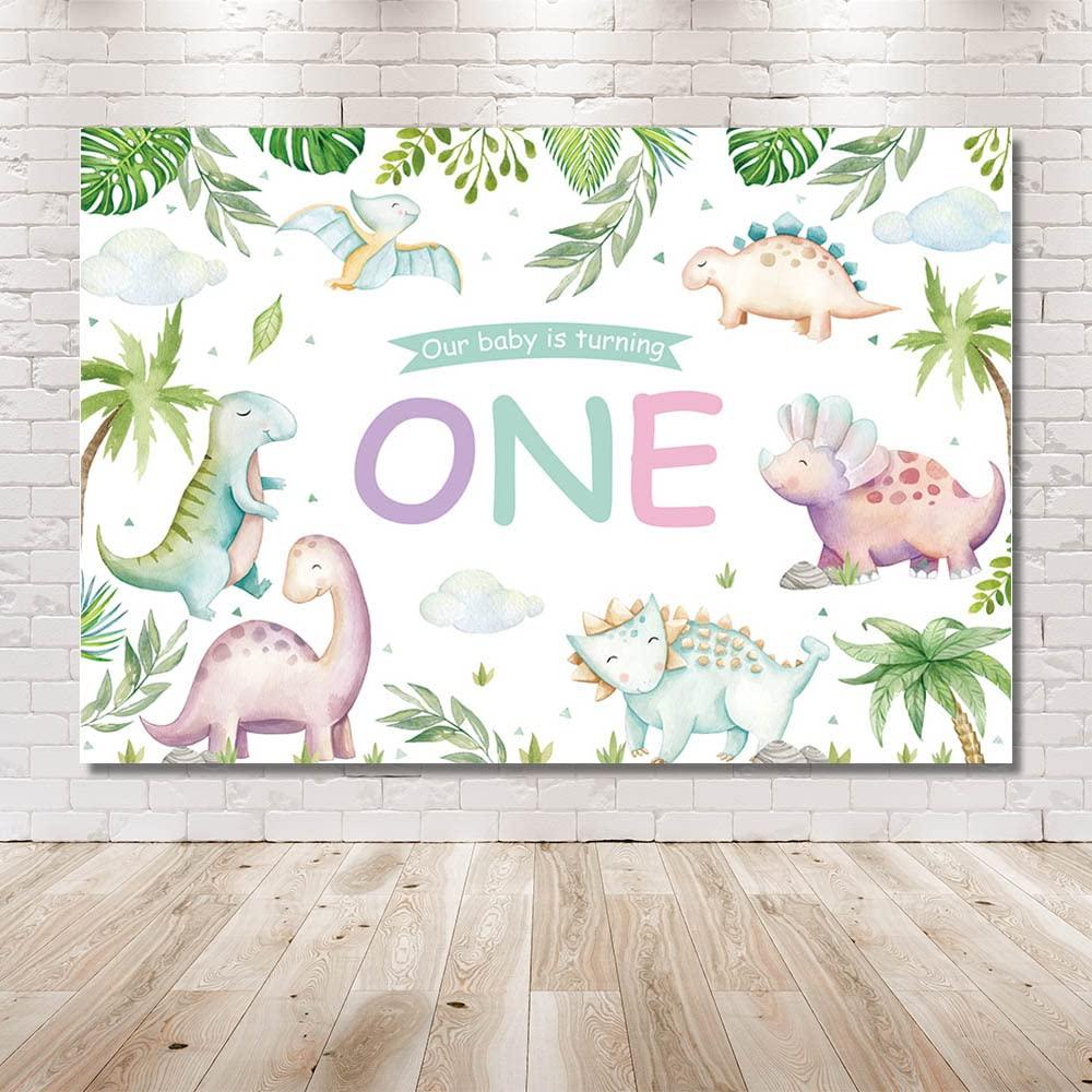 MEHOFOND 7x5ft Pastel Dinosaurs 1st Birthday Backdrop Our Baby Is Turning One Party Banner Cake Smash Decoration Green Leafs Adventure Dinosaur World Photography Background Photo Studio 4