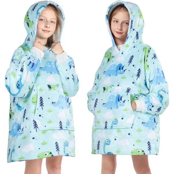 Queenshin Dionsaur Wearable Blanket Hoodie,Oversized Sherpa Comfy Sweatshirt for Kids Girls Boys 7-16 Years,Warm Cozy Animal Hooded Body Blanket Green 2