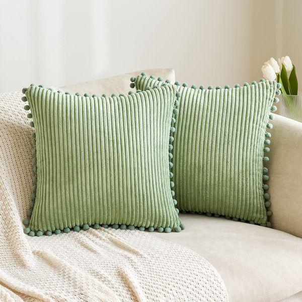MIULEE Striped Corduroy Fabric Cushion Covers with Pom-poms Solid Cushion Cover Pure Color Pillow Cover Sham Home for Sofa Chair Couch/Bedroom Decorative Pillowcases 20"x20" 2 Pieces Sage green 0