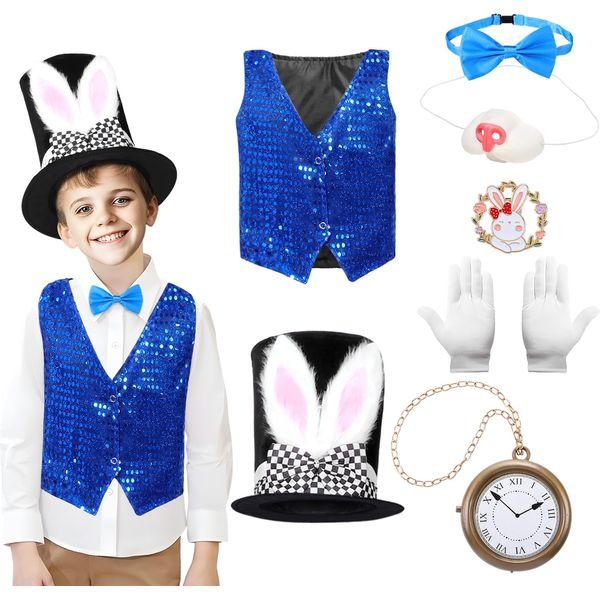 Maryparty Rabbit Costume Kids Easter Bunny Costume Set Blue Sequin Vest Big Clock Rabbit Ears Hat Nose Tail Bow Tie Bunny Costume Accessories for Kids (130) 0