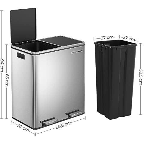 SONGMICS Dual Rubbish Bin, 2 x 30L Recycling Bin and 15 Rubbish Bags, Metal Pedal Bin, with Dual Compartments, Plastic Inner Buckets, Hinged Lids, Soft Closure, Airtight, Silver and Black LTB60NL 4