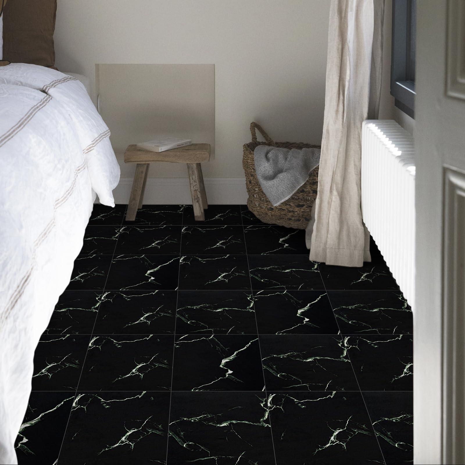 Elffloor Floor Tiles Self Adhesive Vinyl Flooring, Peel and Stick Floor Tiles, Bathroom Waterproof Vinyl Floor Tiles Stick on Kitchen Living Room Marble Effect Black 30x30cm 10pcs 1mm 3