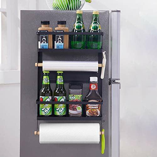 Magnetic Fridge Organizer, Magnetic Spice Rack with Paper Towel Holder and 5 Mobile Hooks, 4-Tier Magnetic Refrigerator Shelf in Kitchen Holds up to 45 LBS, 16x12x4 Inch Black 1