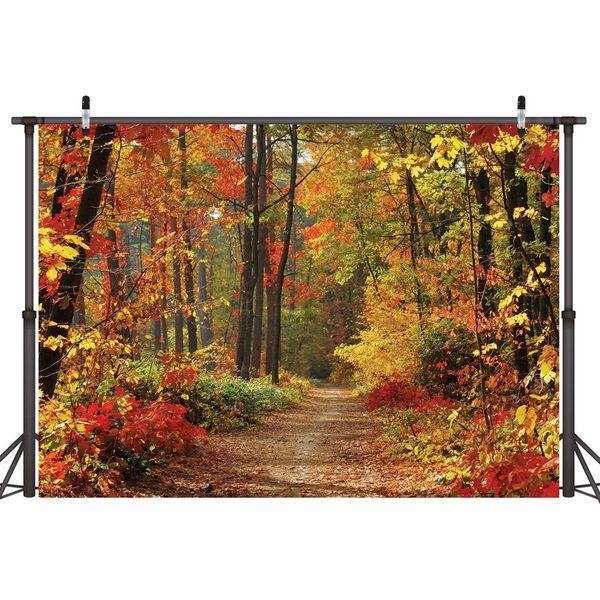 LYWYGG 8x6FT Autumn Backgroud Mountain Path Fallen Leaves Deciduous Landscape Autumn Backdrops Tree and Yellow Fall Leaves View Party Decorations Background Studio Props CP-67-0806 0
