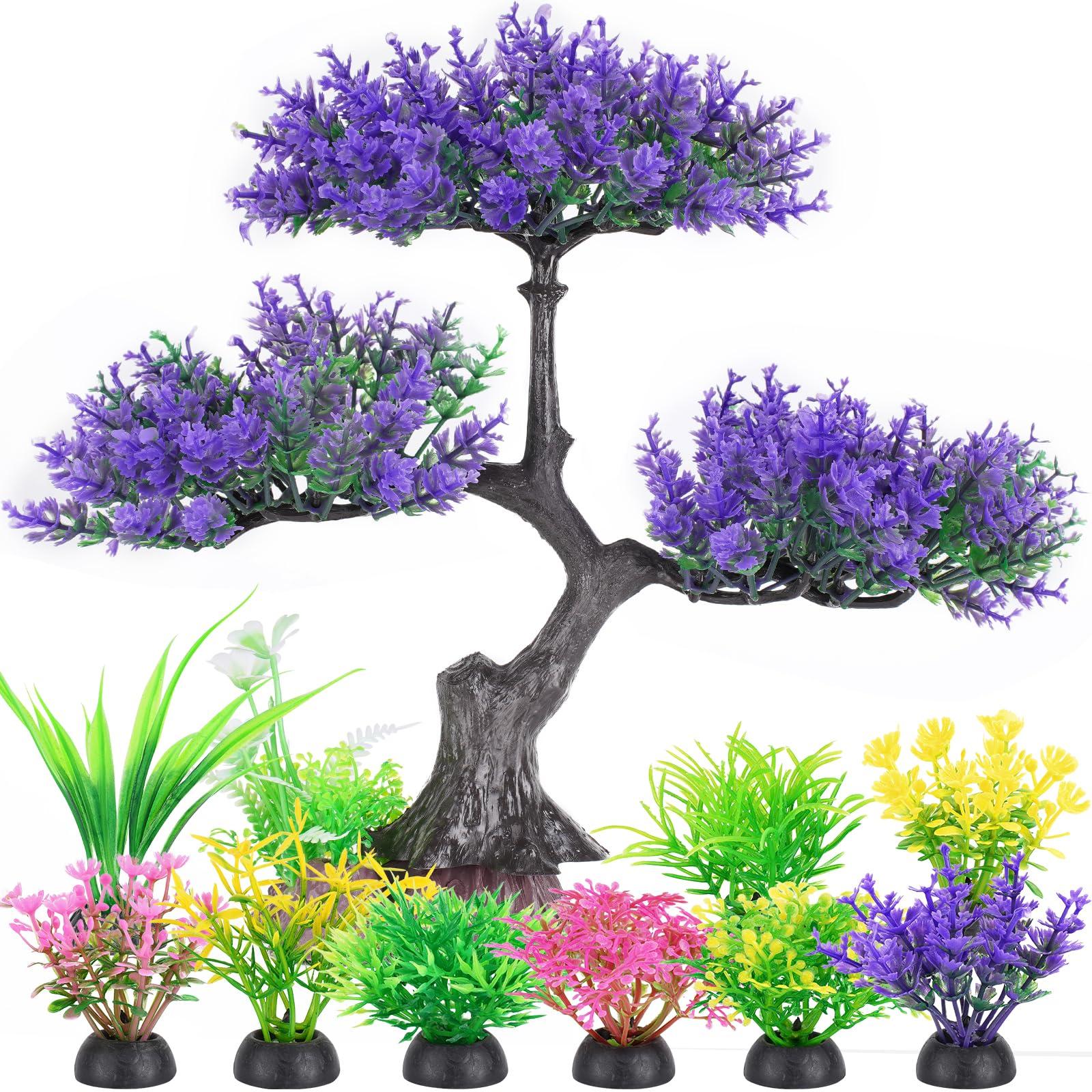 Borlech Aquarium Plastic Plants Artificial Decorations, Large Fish Tank Fake Tree Plant Decor Ornaments Accessories (Purple)