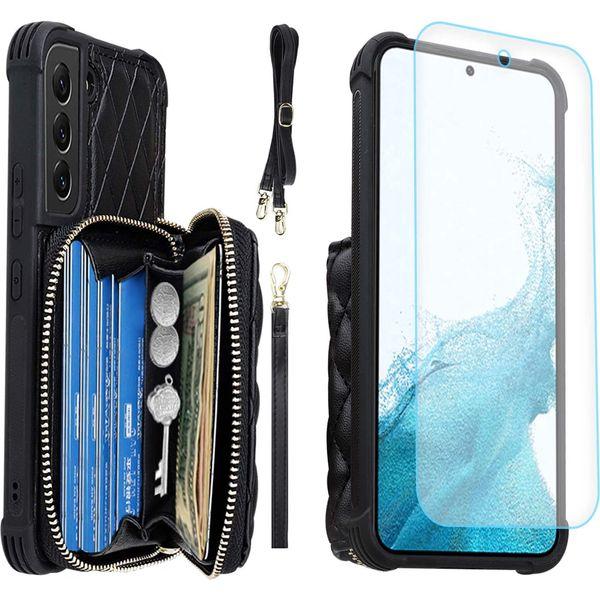 MONASAY Zipper Wallet Case for Samsung Galaxy S22+ Plus 5G, [Screen Protector ][RFID Blocking] Leather Handbag Phone Cover with Card Holder& Crossbody Shoulder Lanyard Strap,Burgundy 0