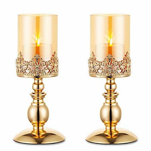 NUPTIO Pillar Candle Holders with Glass, Set of 2 Gold Hurricane Candle Holder Modern Home Decor Gifts, Candlelight Holder for Wedding Anniversary Housewarming Party Table Centerpieces, Gifts for Her 0