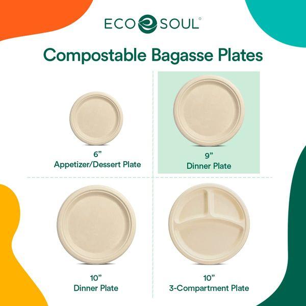 ECO SOUL 100% Compostable 23cm (9") Inch Paper Plates [200-Pack] Disposable Bulk Party Plates I Heavy Duty Eco-Friendly Sturdy Dinner, Wedding, Event Plates I Unbleached Sugarcane Eco Plates 3