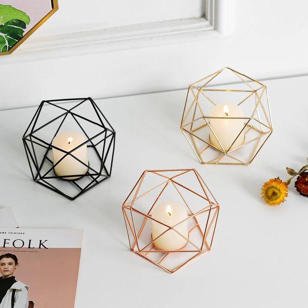 Romadedi Candle Holders Gold Geometric Decor - Tealight Holder for Tea Lights Decorative Candle Stand Accents for Home Table Shelf Mantel Modern Geo Decoration, Wedding Reception Décor, Black, 6pcs 4