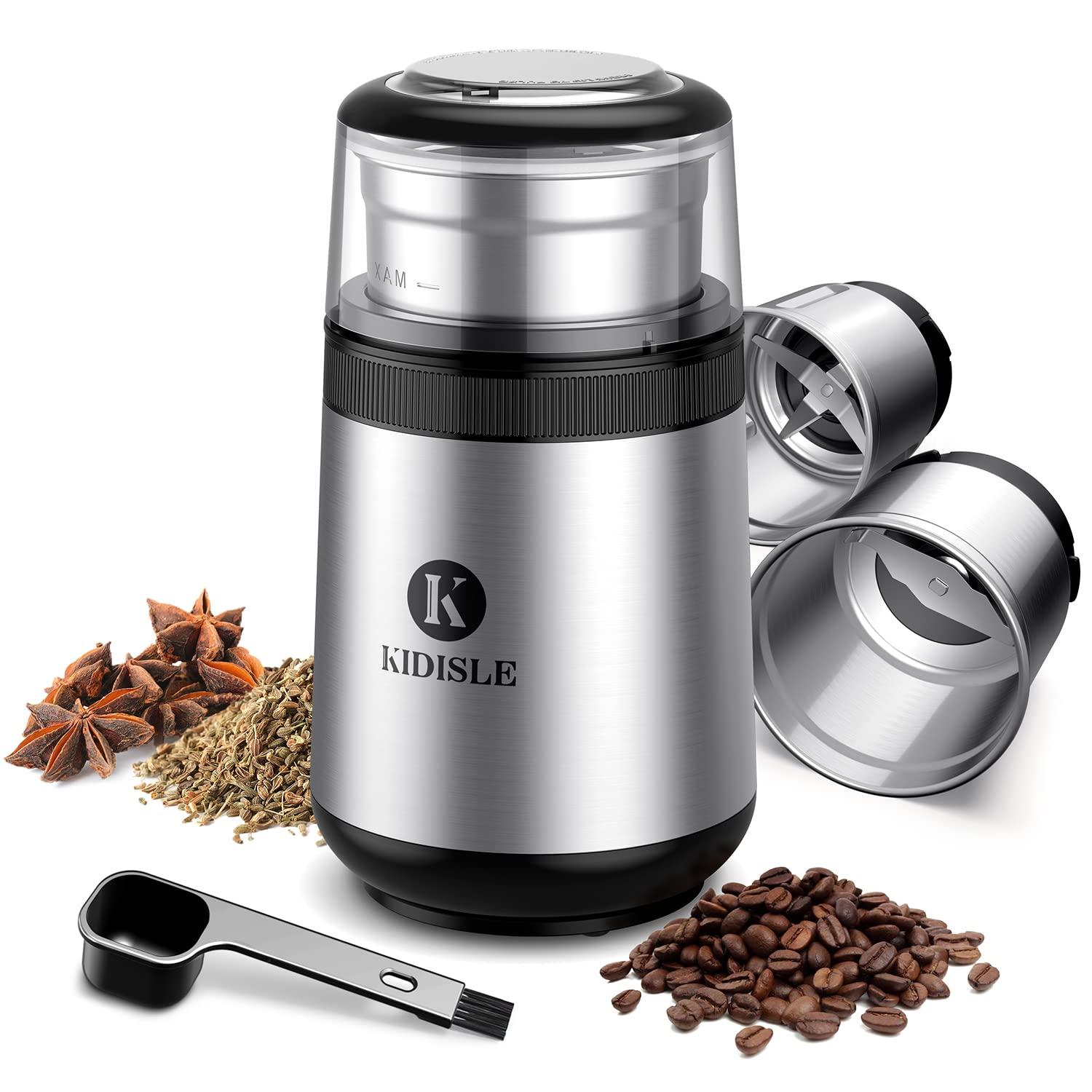 KIDISLE Coffee & Spice Grinders Electric, 2 Removable Stainless Steel Bowls, Dry and Wet Grinder for Coffee Beans, Spices, Onion,Garlic, and Chilies,70g