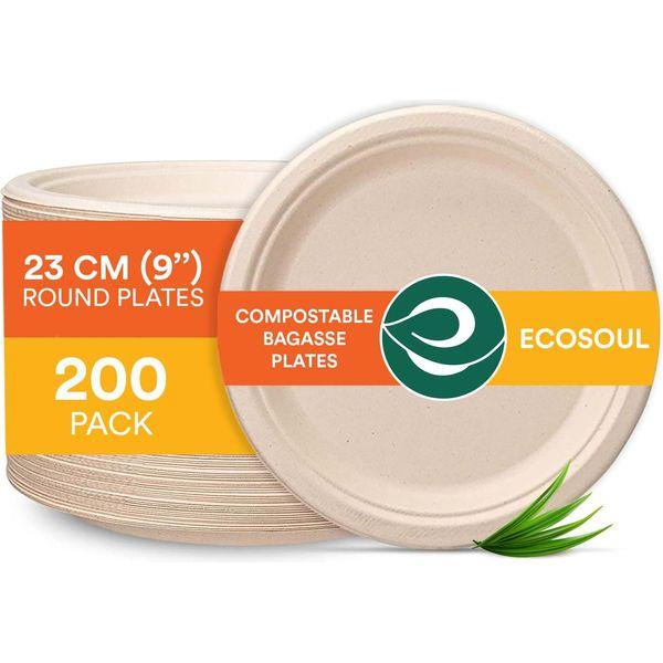 ECO SOUL 100% Compostable 23cm (9") Inch Paper Plates [200-Pack] Disposable Bulk Party Plates I Heavy Duty Eco-Friendly Sturdy Dinner, Wedding, Event Plates I Unbleached Sugarcane Eco Plates 0