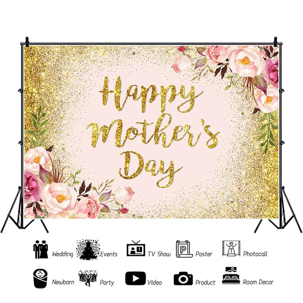 SDOTPMT 7x5ft Happy Mother's Day Backdrop Watercolor Pink Floral Dripping Gold Glitter Dots Photography Background for Pastel Mothers Day Banner Photo Studio Props 1